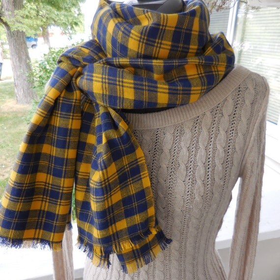 Fringed flannel blue and yellow plaid scarf/wrap scarf