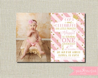 Princess Birthday Invitation, Princess Birthday, Princess Invitation, Pink and Gold, Glitter, First Birthday Invitation, Princess Party