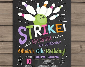 Bowling Birthday invitation Bowling Birthday Party Invitation Pink purple Girl birthday Girl Bowling Chalkboard Digital PRINTABLE ANY AGE