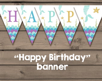 Mermaid Birthday banner Happy Birthday banner mermaid party Flag Bunting Happy birthday Purple Gold Turquoise download PRINTABLE DIGITAL DIY