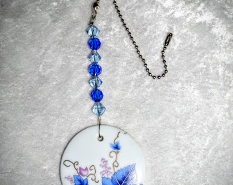 White and Blue, Porcelain Floral Pendant, Ceiling Fan Pull, Chain Pull, Blue Chain Pull, Ready To Ship
