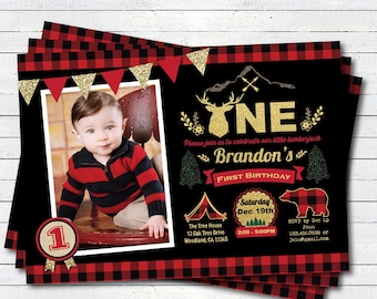 Lumberjack first birthday invitation. Camping 1st birthday party invitation. Buffalo red plaid black and gold photo digital Invite KB196