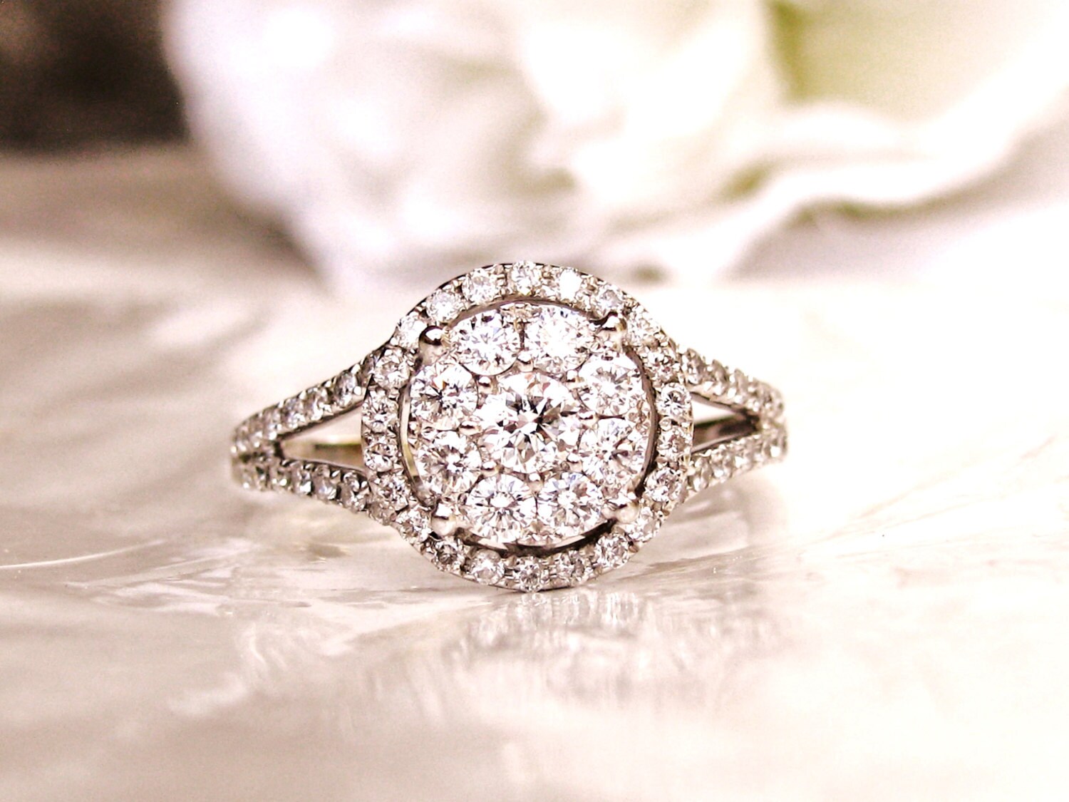 Vintage Style Engagement Ring 0.90ctw Diamond Cluster Double