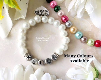Flower Girl Bracelet-Personalized Bracelet-Baby Girl Bracelet-Name Bracelet-Flower Girl Gift-Christening Gift-Glass Pearl Name Bracelet
