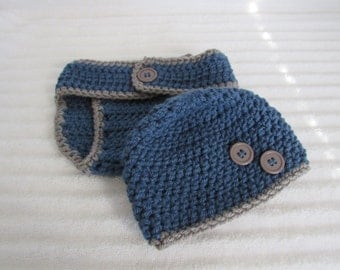 Grey Blue Diaper Cover Set, Newborn Photography Prop, Button Accents, Handmade Crochet Yarn, Baby Boy, New Baby, Cute Photo Prop, Gray