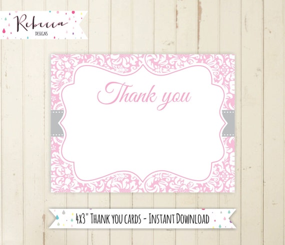 pink thank you card printable baby shower thank you card