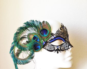 Feather Masquerade Mask, Womens Mask with Feathers, Peacock Feather Masquerade Mask, Feather Masquerade Ball Mask, Feather Rhinestone Mask