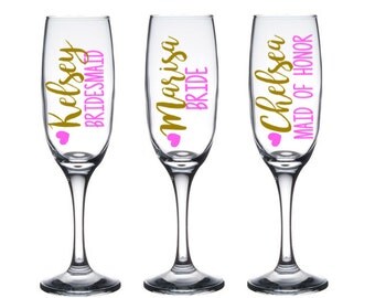 5 Personalized Bridesmaid Champagne Glasses, Bridesmaid Toasting Flutes, Bridesmaid Gift