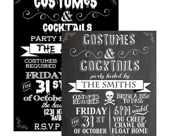 Costumes and cocktails invite, custom halloween invitations, costumes & cocktails invitation, black and white halloween invite, INVHWN05