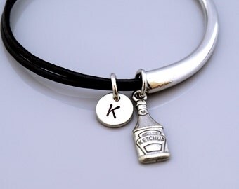Ketchup bracelet, Tomato Ketchup charm bangle, Ketchup bottle charm jewelry, tomato sauce, red sauce, Leather bracelet, Leather bangle