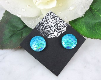 Mermaid Studs - Mermaid Earrings - Dragon Studs - Ocean Blue Earrings - Stud Earrings - Button Earrings - Mermaid Tail - Dragon Scales