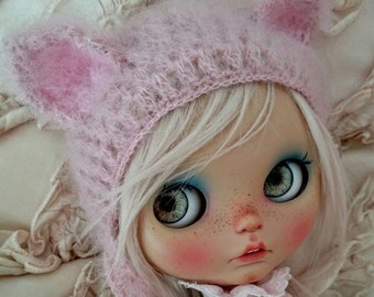 Blythe hat cat pink mohair blythe helmet knitted hat for Blythe doll blythe outfit beanie handmade