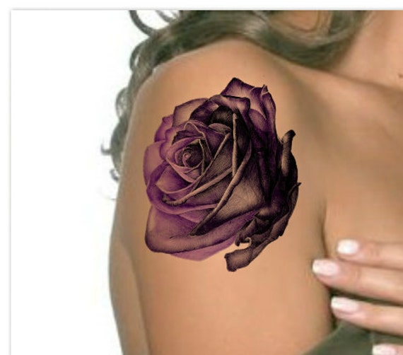 Temporary Tattoo Rose Purple Black Flower Ultra Thin