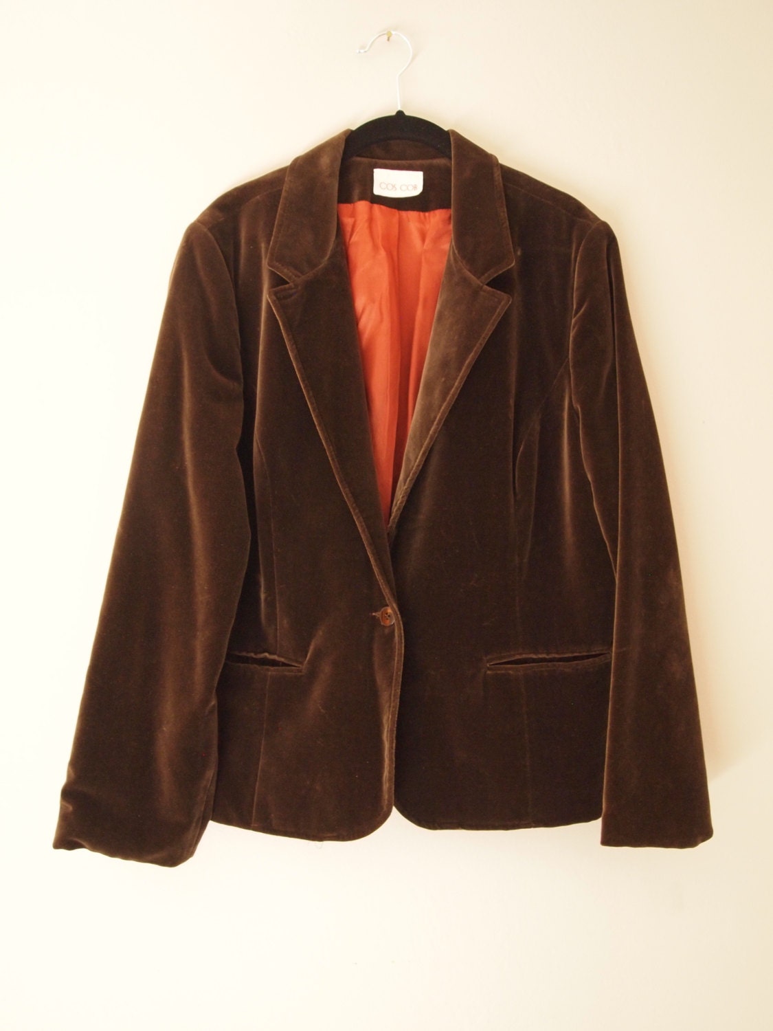 Brown Velvet Blazer Women 70s Vintage Orange Lining Autumn