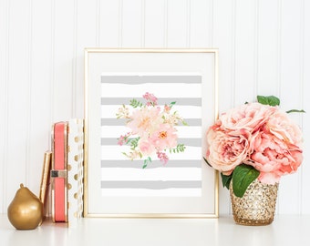 Gray Stripe Watercolor Flowers Floral Bouquet Painting Pink Coral Spring Print Printable Wall Art Home Decor Watercolor Nursery Flowers Art