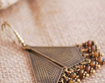 Tribal beads earrings, geometric triangle earrings, delicate unusual boho earrings, dangle drop earrings