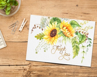 Sunflower Thank You Card Printable Instant Download, Boho Chic Bridal Shower Thank Yous, Floral Watercolor Matching, Wedding, DIY Thanks