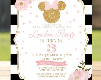 Pink & Gold Glitter Minnie Mouse Birthday Invitation Invite - Girls Birthday Floral Flowers - digital invite customizable DIY printable
