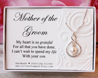 Mother of the Groom gift from Bride Sterling silver infinity necklace Swarovski pearl wedding bridal party gift for groom's mom
