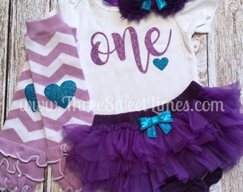 First Birthday Outfit Girl ONE Glitter Bodysuit | Optional Leg Warmers Headband Set | Purple And Teal Glitter Baby Girl Outfit Smash Cake