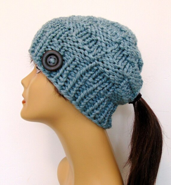 Gray Chunky Knit Ponytail Hat Beanie Grey Pony Tail Hole