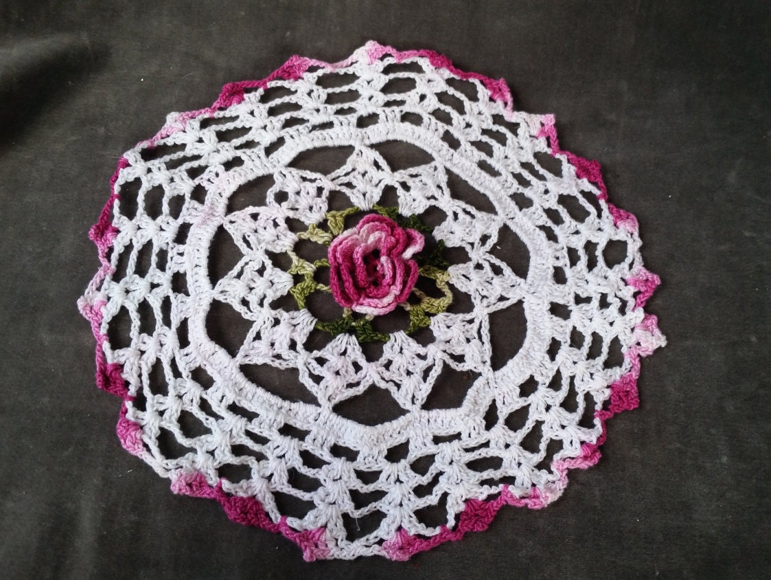 Pink and White Lace Crochet Doily 3D Flower Floral Pattern