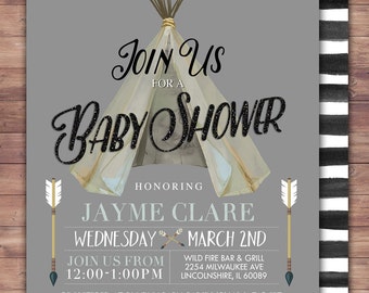 TEEPEE Baby Shower Invitation, Indian Baby shower Invite, aztec baby shower invite,boy, invitation, Aztec, arrow, pow wow, BOHO, Tribal