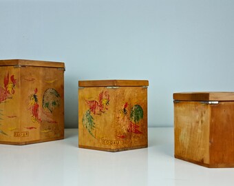 Set of 3 Vintage Kitchen Canisters, Wooden Kitchen Jars with Roosters, Rooster Flour Canister, Rooster Cookie Jar, Farmhouse Decor, Rustic
