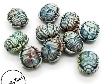 10 - Small - Raku Scarab Beads - Egyptian - Novelty - Ceramic - Peruvian Beads