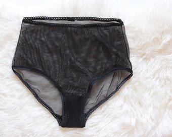 Black Sheer Lingerie: Sheer High Waist Panties, Black High Waist Underwear, Lace Panties, Black Retro Lingerie, Black Plus size Lingerie,