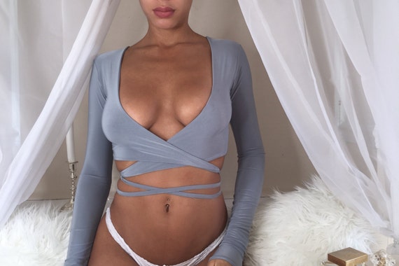 Crop top / Grey / Gray / Wrap top /Long sleeve / Multiway / Strappy / Criss cross / Multi tie / sexy top / Stretch fabric / Festival / Pixie