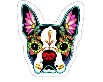Boston Terrier Sticker - Day of the Dead Sugar Skull Dog - Clear Vinyl Decal
