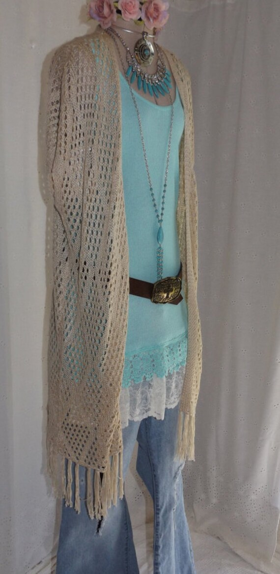 FRINGED CROCHETED CARDIGAN Duster Top Bohemian Duster Beach