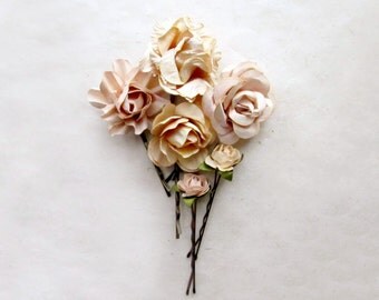Flower Hair Pins Set of 6 in Champagne Honey. Tea Stained Cream Paper Flowers. Rustic Woodland Garden Wedding Rose Pins For Ethereal Bride.