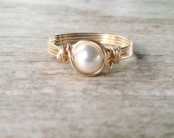 ON SALE Pearl Ring, 14k Gold Filled Wire Wrapped Pearl Ring, Gold Filled Ring
