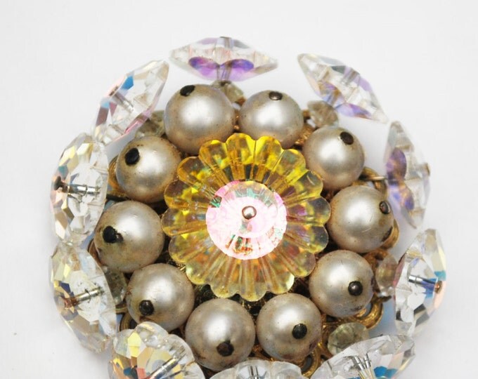 Vendome Brooch - Rivoli Crystal Rhinestone - faux pearl Bead - signed Atomic pin