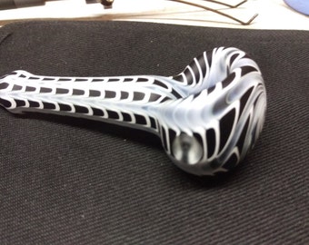 Glass pipe - The "Ebony and Ivory Wrap-n-rake" white over black thick and heavy sandblasted glass tobacco pipe