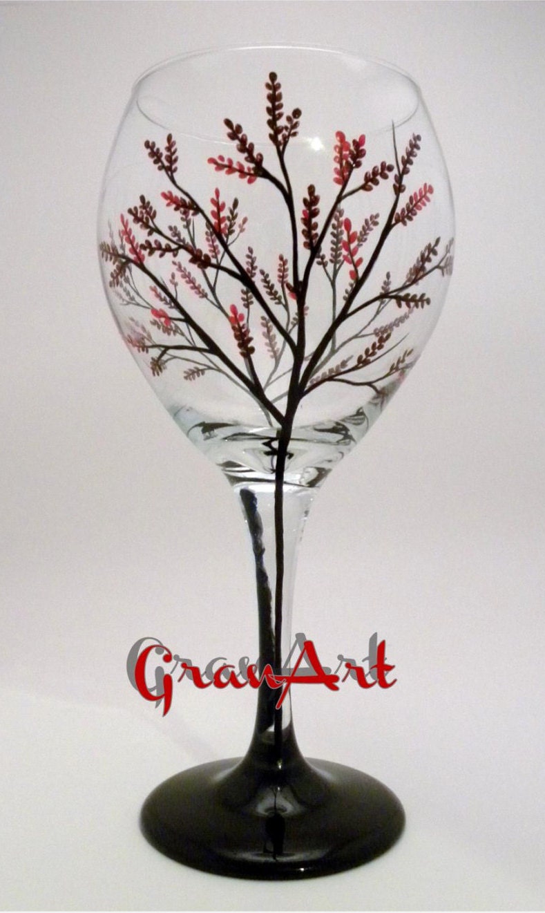 Cherry Blossom Tree Wine Glass Cherry Blossom Hand Painted