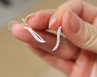 Sterling Silver Ear Cuff, CZ Curve Ear Climber, Ear Jacket crawler, Ear Jackets Sweep, Stud Earrings Pin, Single Stud Earring