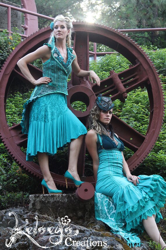 High Waisted Skirt - Medium, Turquoise, Victorian, Steampunk, Burning Man, Black Dress, Ruffled Skirt, Brass, Burning Man, Victory Skirt by KelseysCreationsShop steampunk buy now online