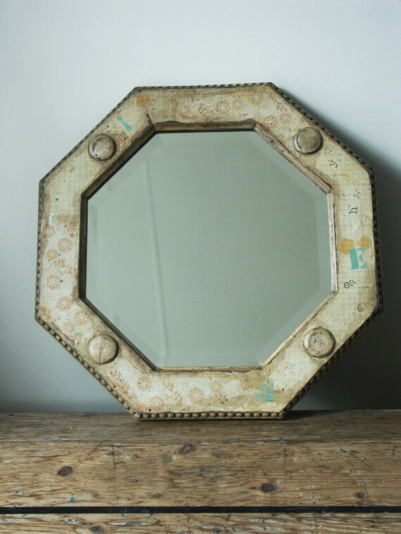 Octagonal wall mirror rare vintage chippy distressed