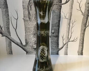 Vintage Egermann Czech Republic Green Etched Glass Vase