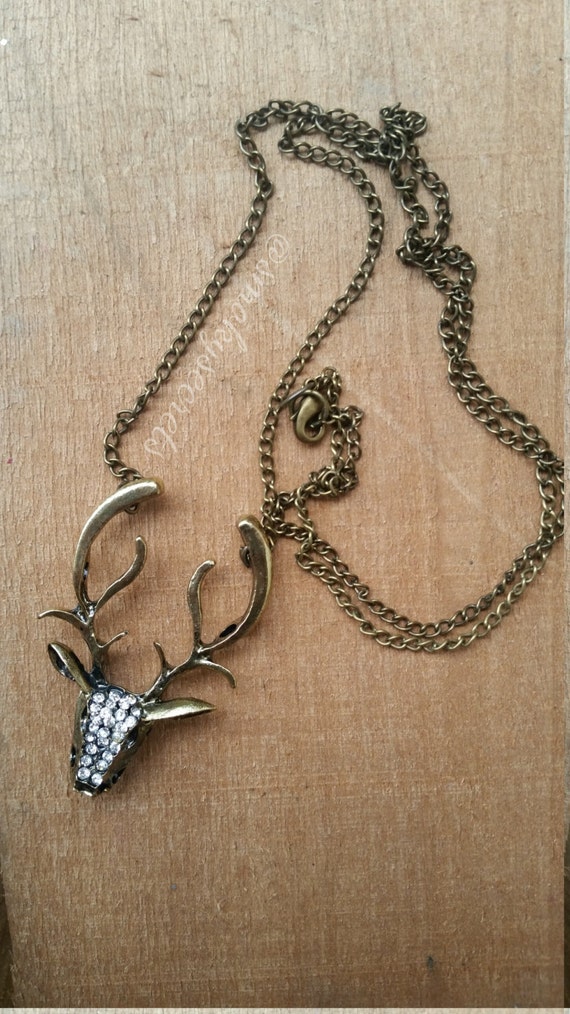 Brass Rhinestone Deer Necklace on 24 inch Chain
