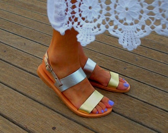 Metallic Leather Flat Sandals ''Alcestis'', Silver & Gold Sandals , Greek Slingback Sandals, Luxury Double Strap Shoes