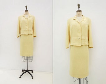 1960s Wool Suit Vintage Skirt Suit Yellow Summer Suit 60s Wool Boucle Suit Size L Boxy Jacket 60s Pencil Skirt Mad Men Office Suit Size M, L