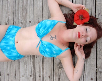Vintage blue high-waist bikini swimsuit, turquoise two-piece 1970s L XL SALE