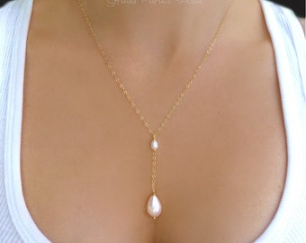 Freshwater Pearl Necklace, Pearl Y Necklace, Dainty Pearl Necklace, Teardrop Bridal Pearl Jewelry, Simple Pearl Necklace, Bridesmaid Gift