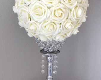 IVORY Flower Ball. Kissing Ball. Pomander. Wedding Centerpiece. Flower Girl. Wedding Decor. Premium Real Touch Roses. Pick Your Size.