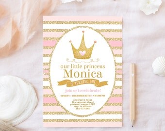 Little Princess Birthday Invitation Blush Pink And Gold Glitter First Birthday Party Invite Crown Invitation Printable Digital For Any Age