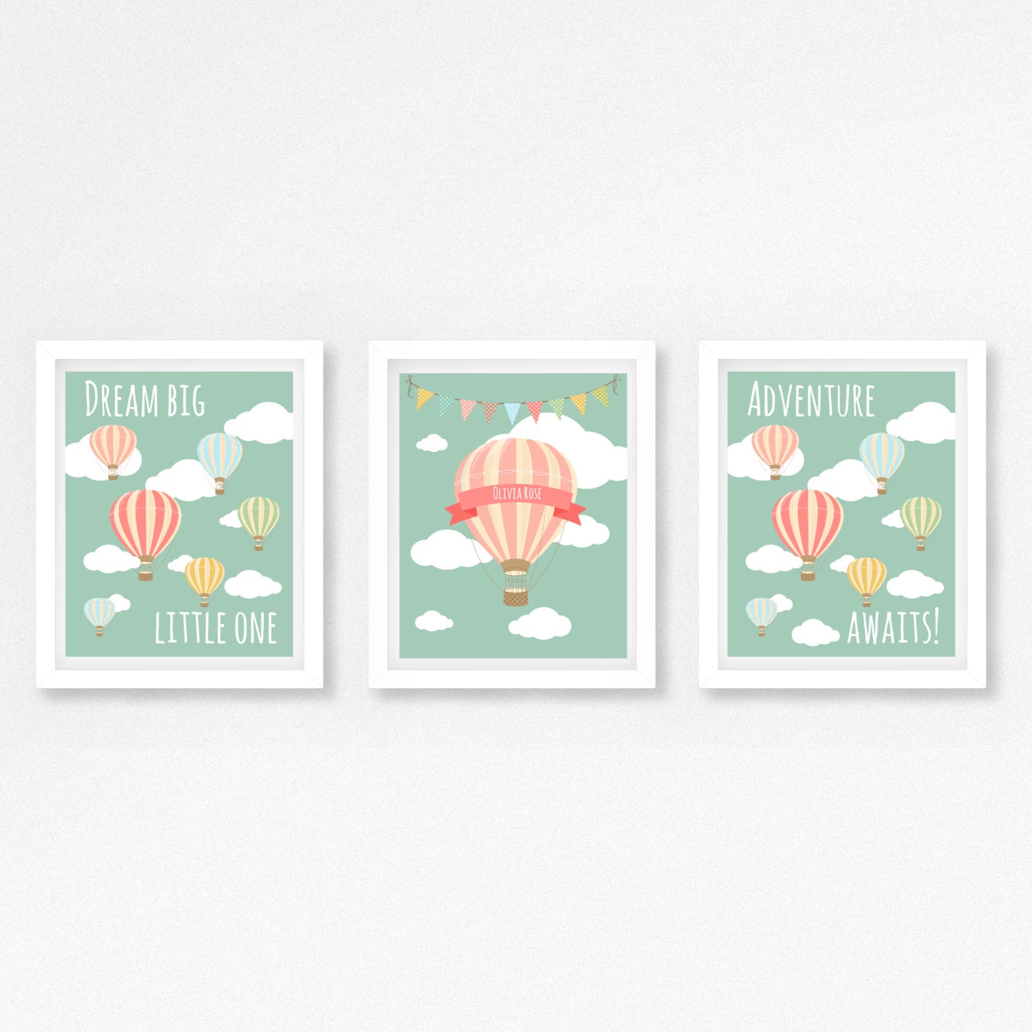 Mint Pink Nursery Etsy Hot Air Balloon Baby Shower Gift Pink And Mint Nursery Decor Personalised Name